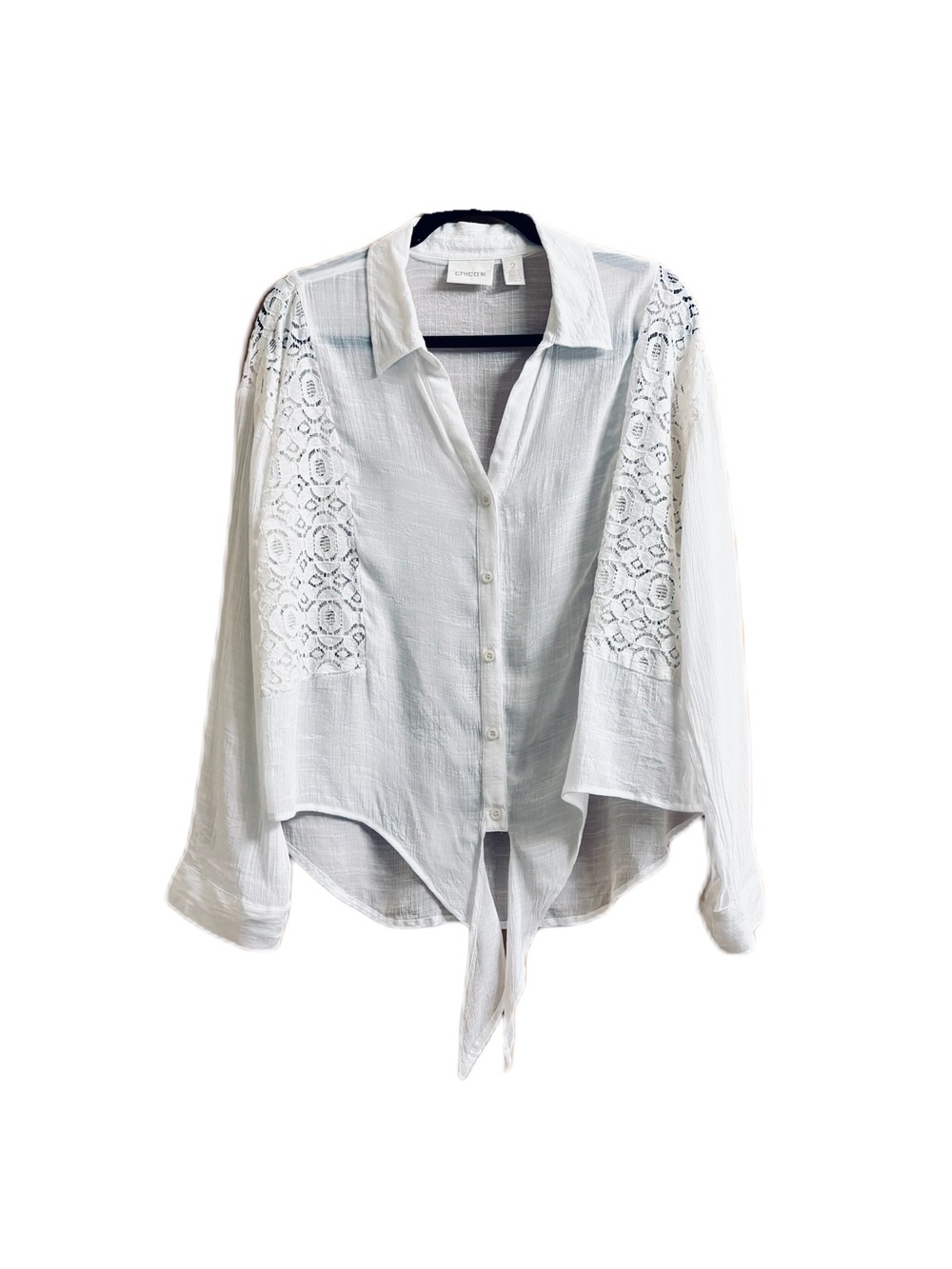 Chico Lightweight White Lace-Panel Button-Front Top Chico size 2 (Large/12
